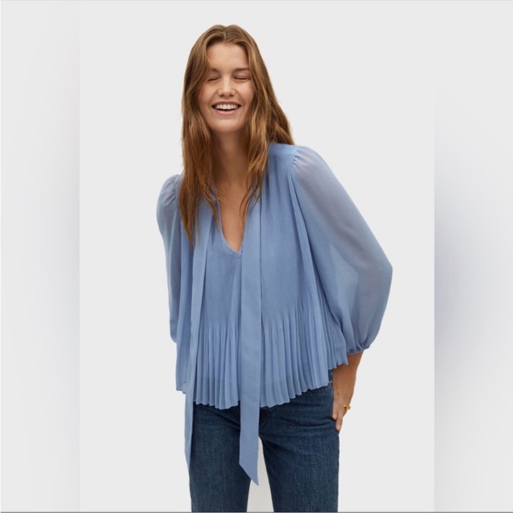 Mango Sheer Pleated Blue Blouse Size 2